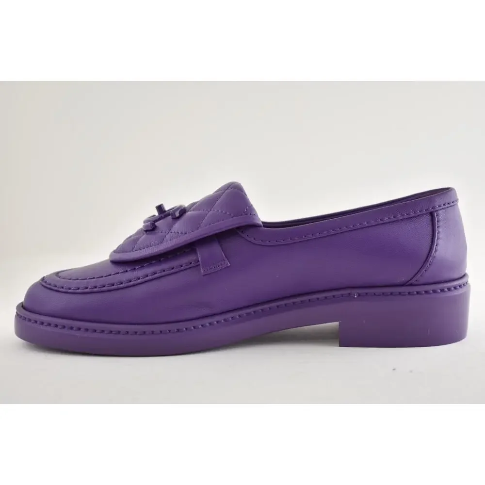 Chanel 24C Purple Leather Quilted Flap Turnlock CC Logo Moccasin Flat Loafer 36